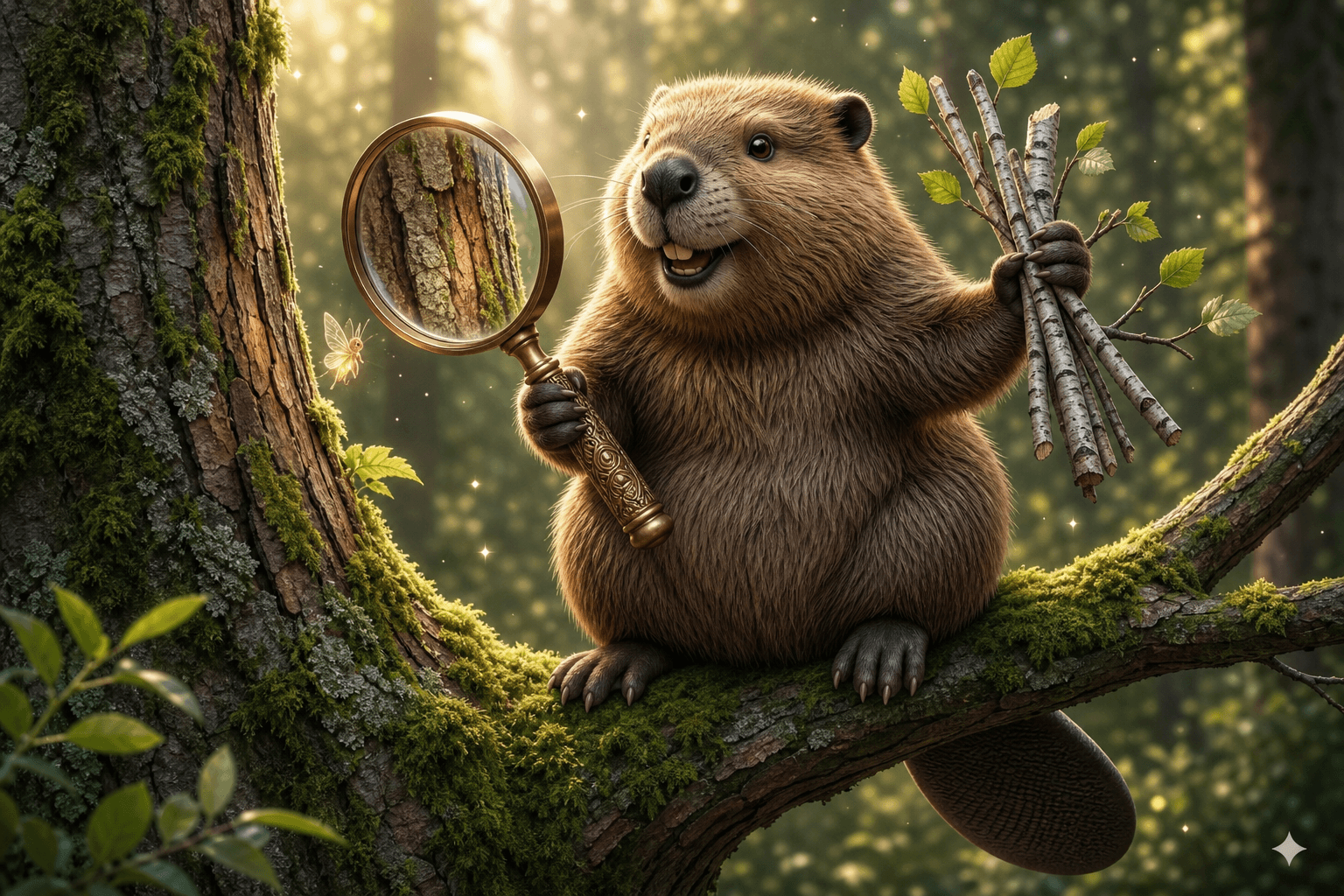 A busy beaver inspecting branches with a magnifying glass